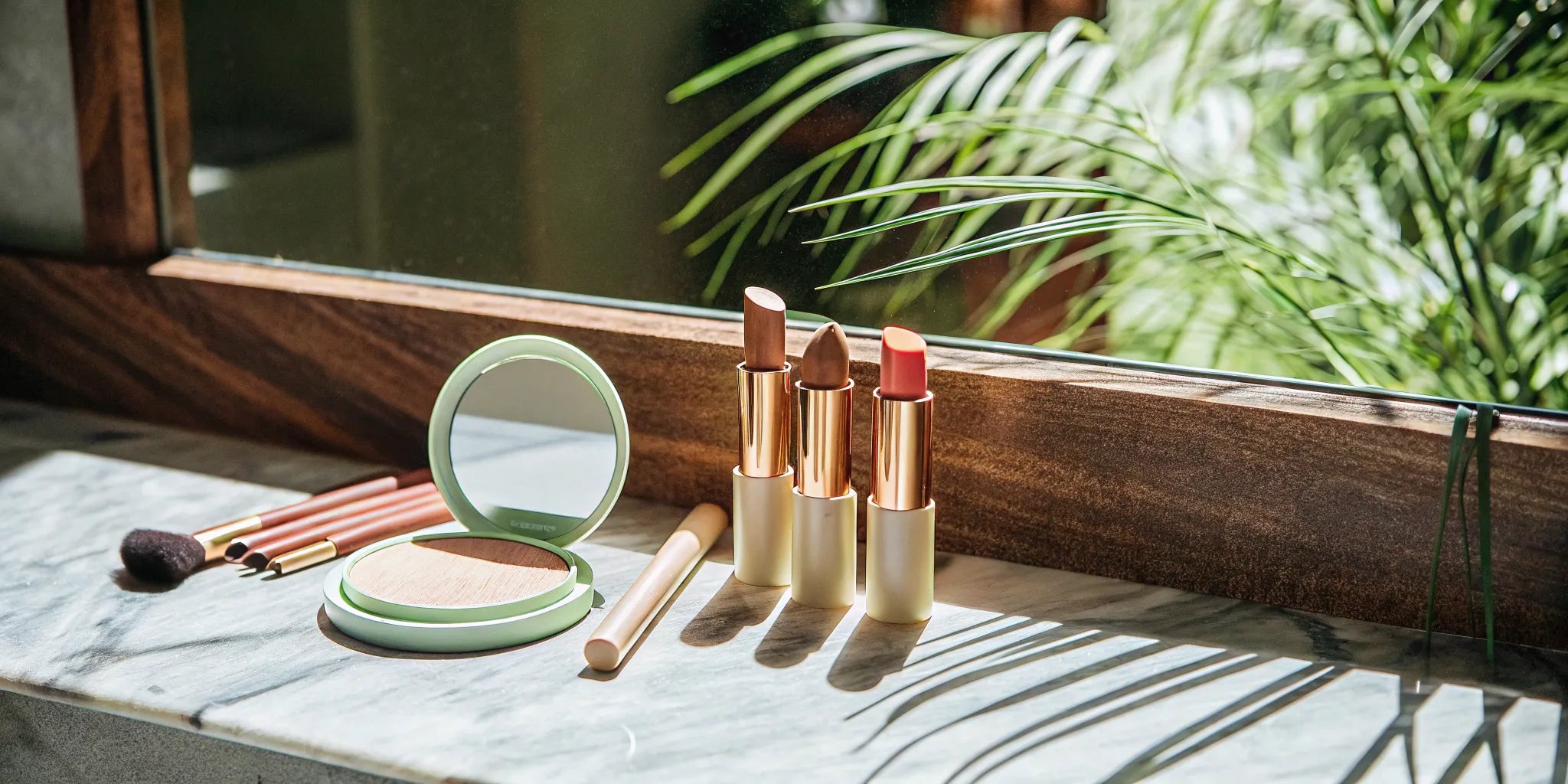 Natural makeup products on a vanity for a tutorial for women over 50.