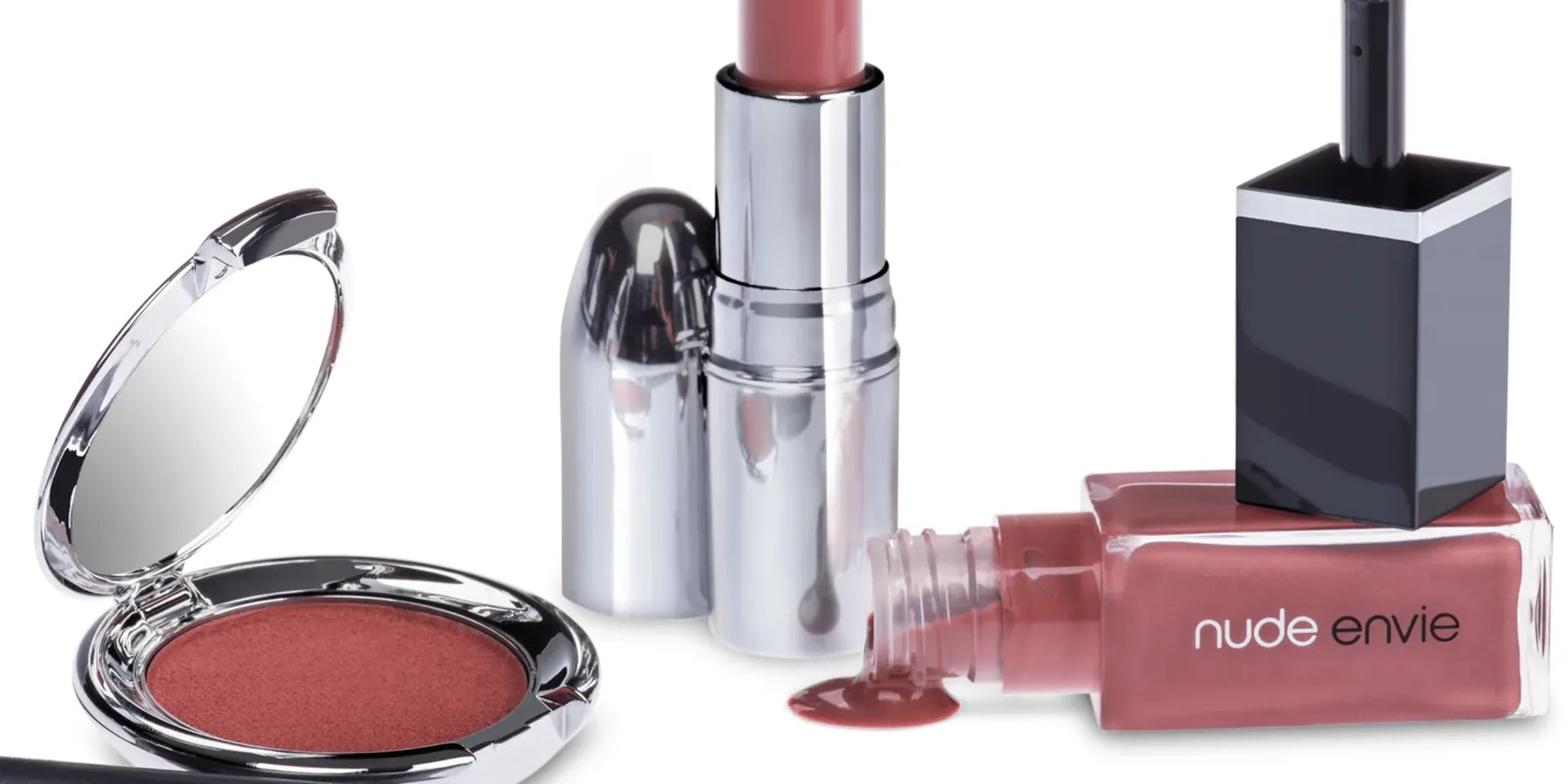 Nude Envie eyeshadow, lip liner, lipstick, and lip gloss collection featuring the Dangerous eyeshadow shade