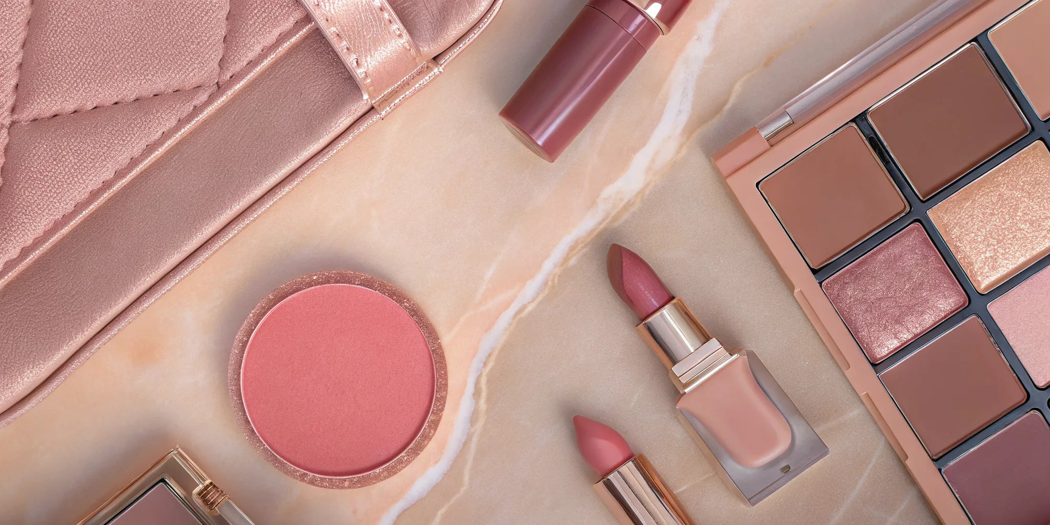 Luxury clean nude makeup products on an elegant marble background