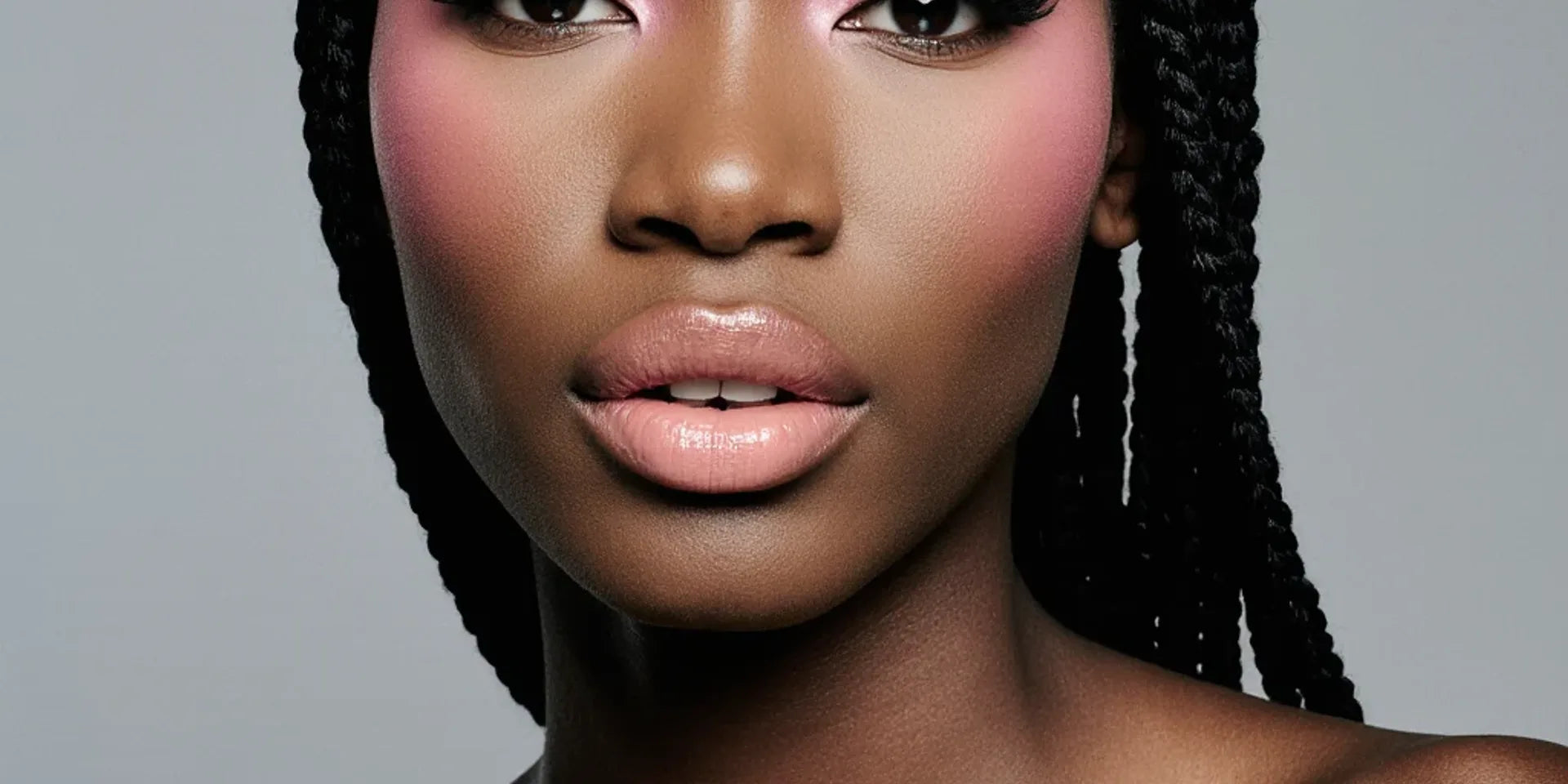 Glamorous portrait of an African woman with braids wearing a rich, vibrant pink blush flush on her cheekbones