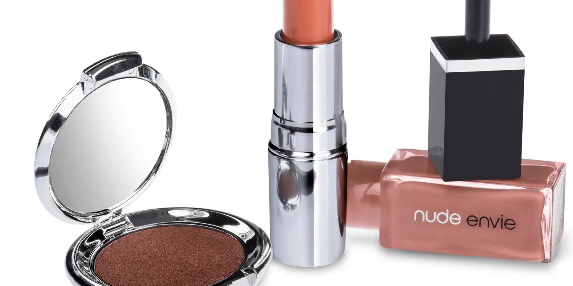 Nude Envie eye shadow Divine in warm chocolate and coordinated lip liner, lipstick, and lip gloss collection