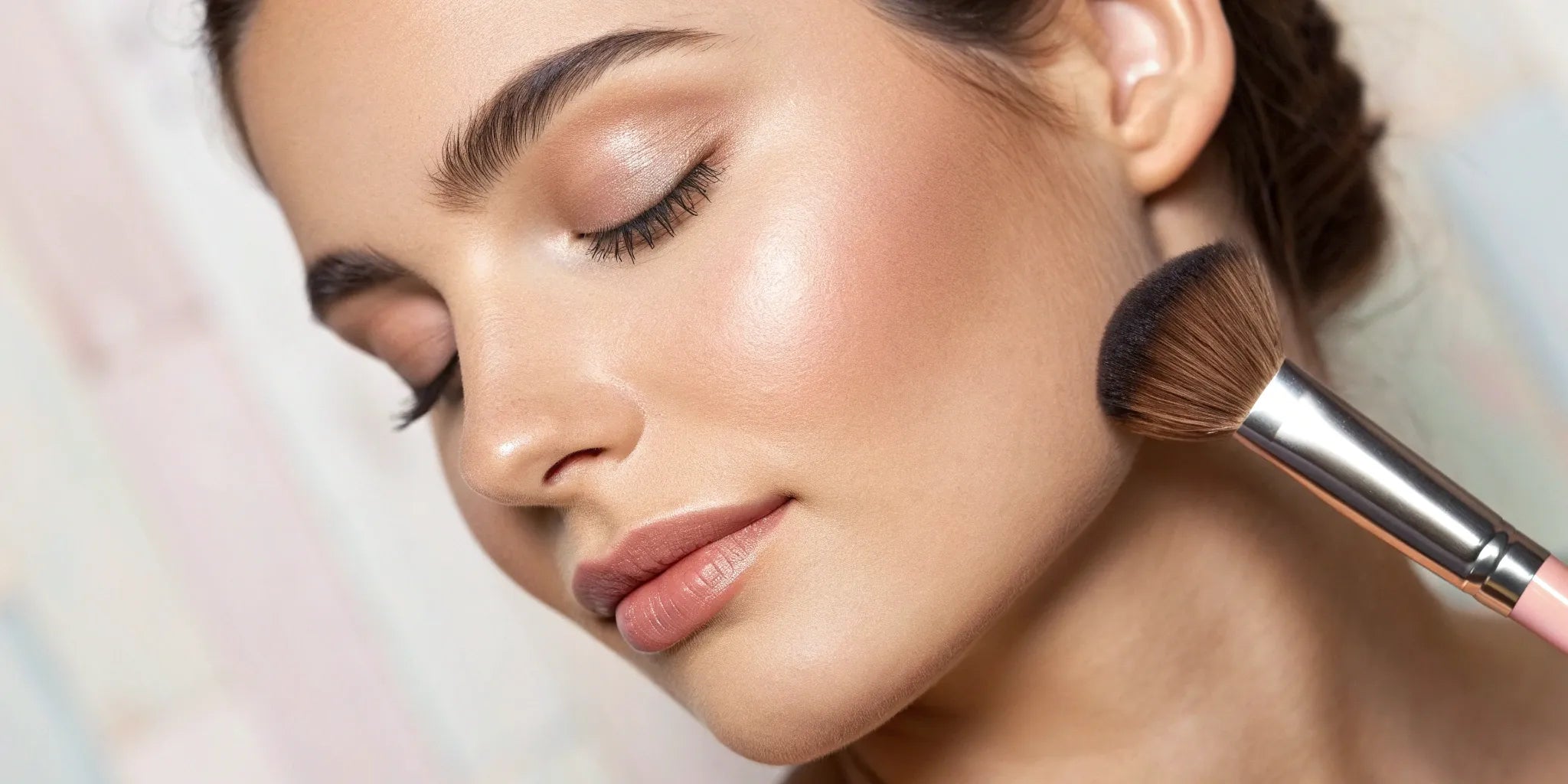 Applying blush to the apples of the cheeks with a fluffy brush for a natural flush.