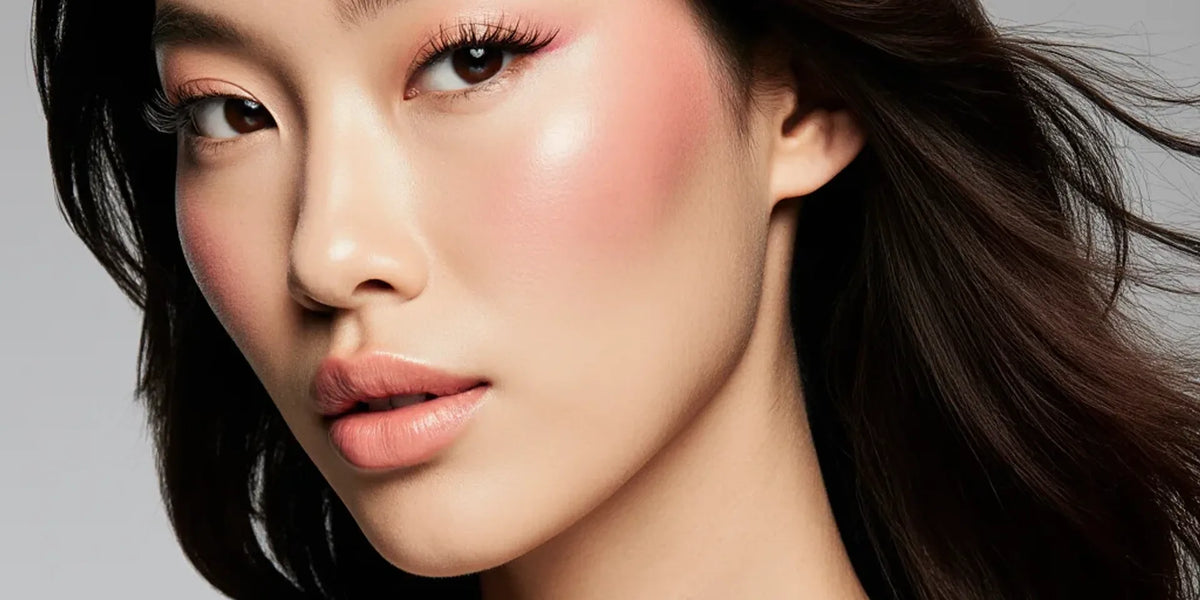 Nude Envie pink blush and lip gloss arranged for a soft cheek look