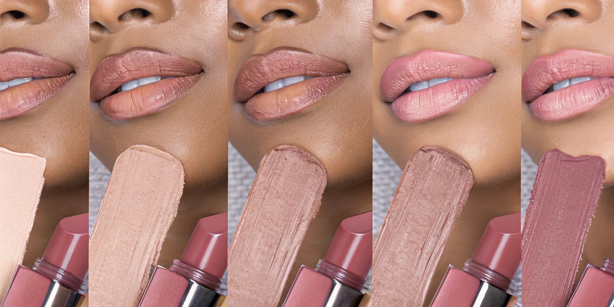 Elegant nude lipstick swatches on brown skin showing warm caramel and rose nude shades