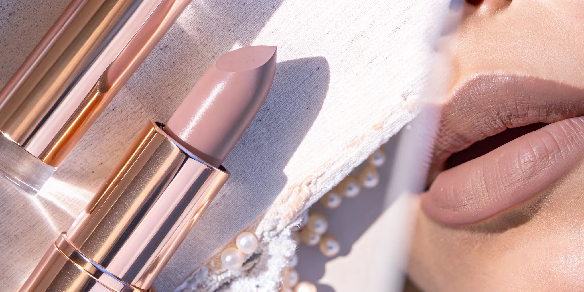 Nude lipstick bullet in pinky-nude shade on pale skin backdrop