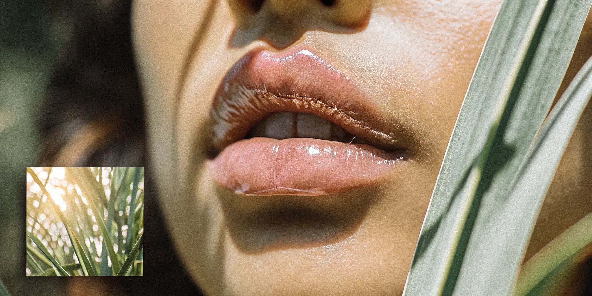 Close-up of a flawless pout with a natural, high-shine pink lipgloss.