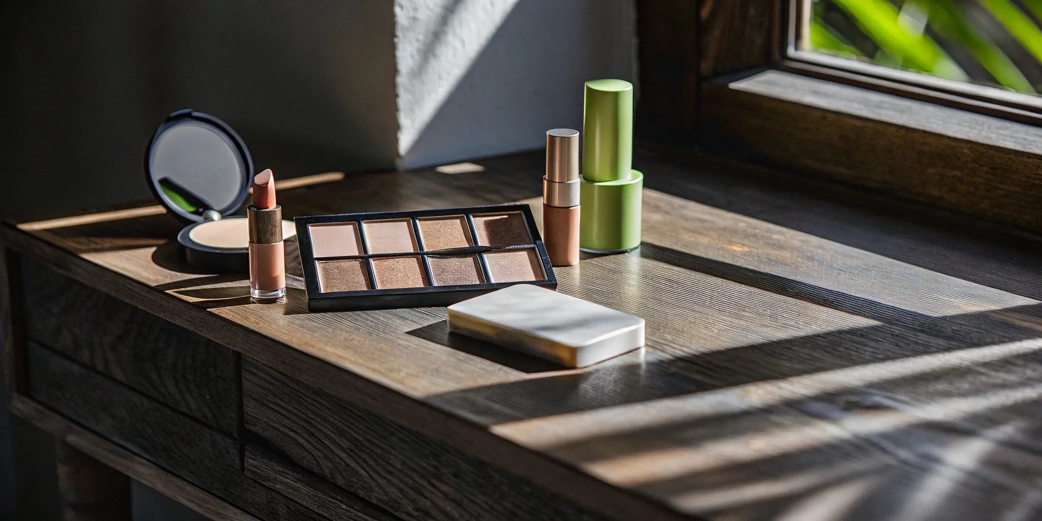 A collection of organic cosmetics like lipstick and powder, available to buy online.