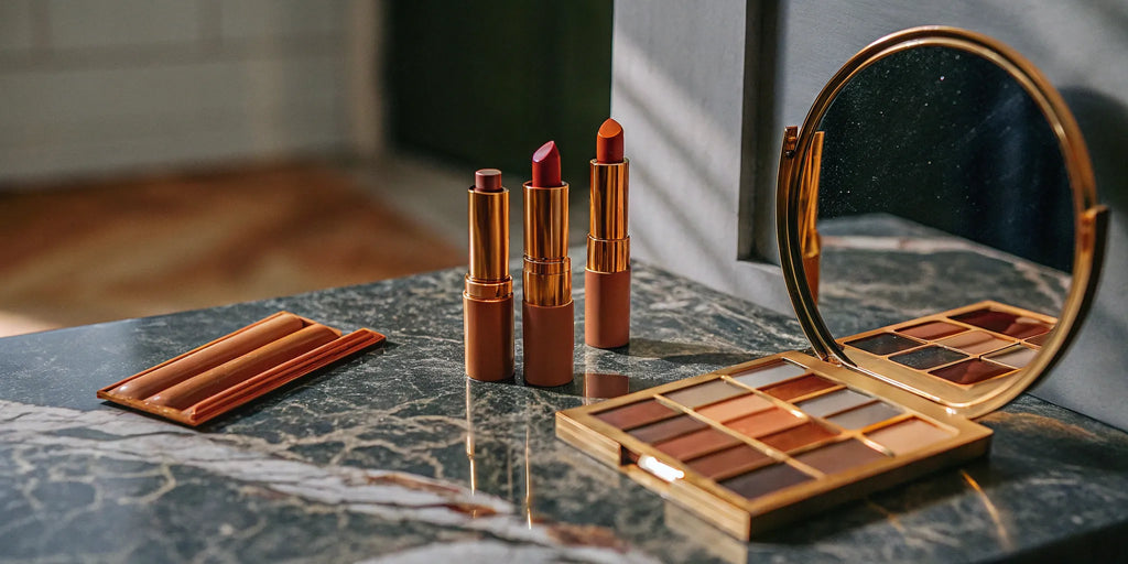 A nude makeup gift set featuring a neutral eyeshadow palette and lipsticks.