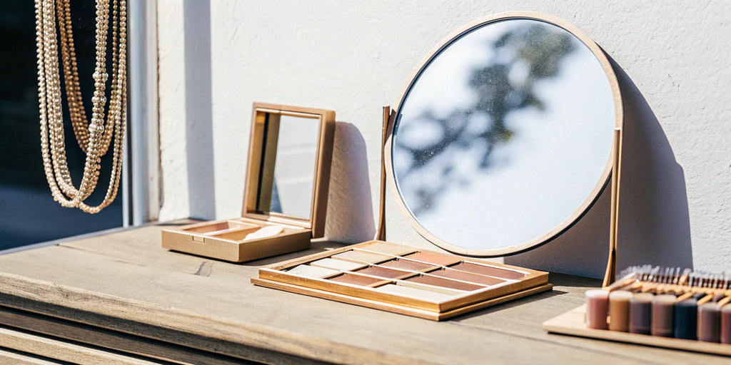 An essential clean beauty starter kit for beginners with makeup and brushes.