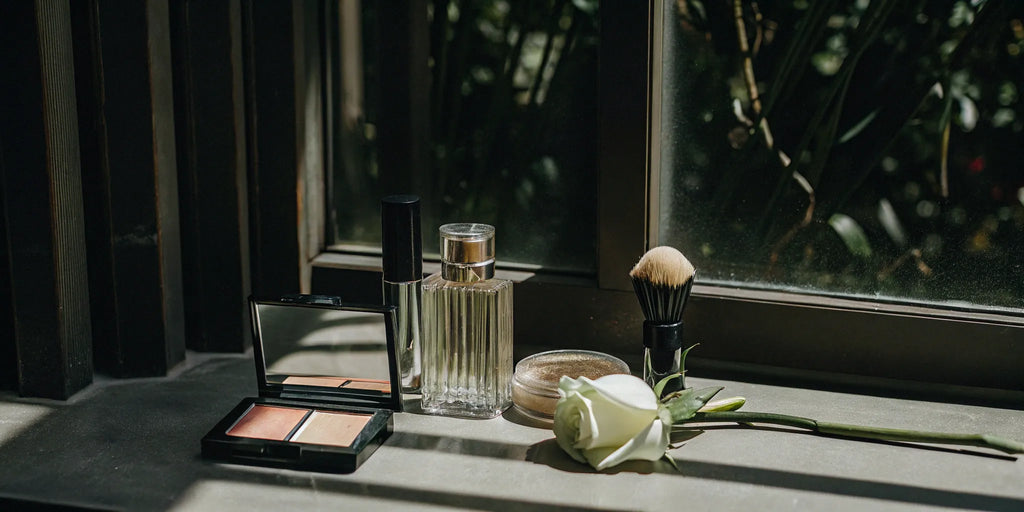 A selection of makeup from the best paraben-free brands, including blush, powder, and a brush.