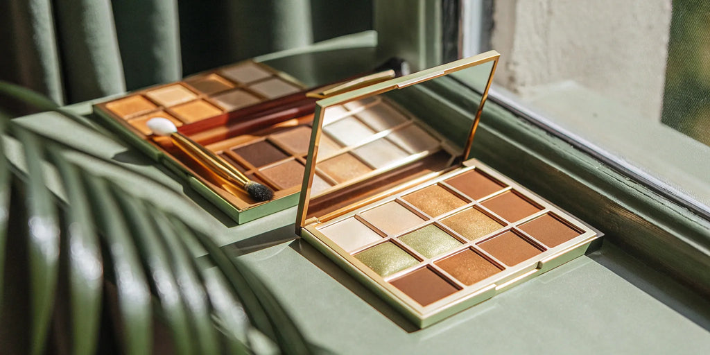 A warm neutral eyeshadow palette with shimmer finishes for tan skin.