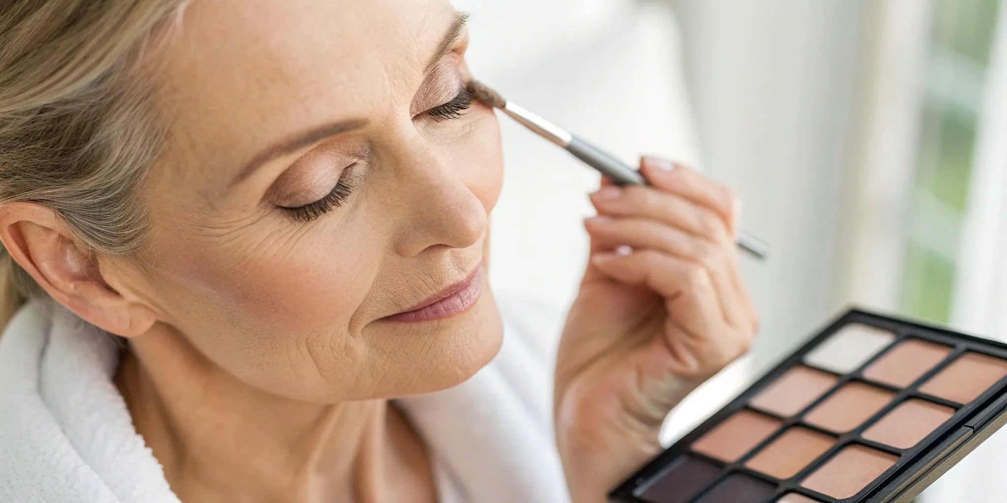 Woman applying eye makeup.