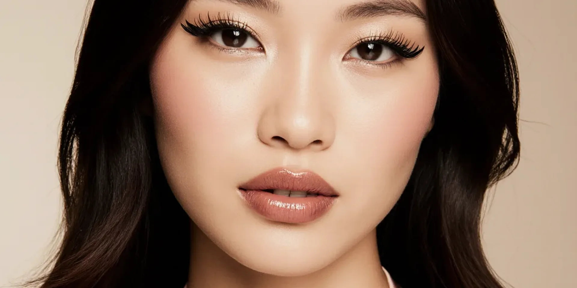 Woman with soft waves and a shimmering blush-pink look wearing natural cream makeup