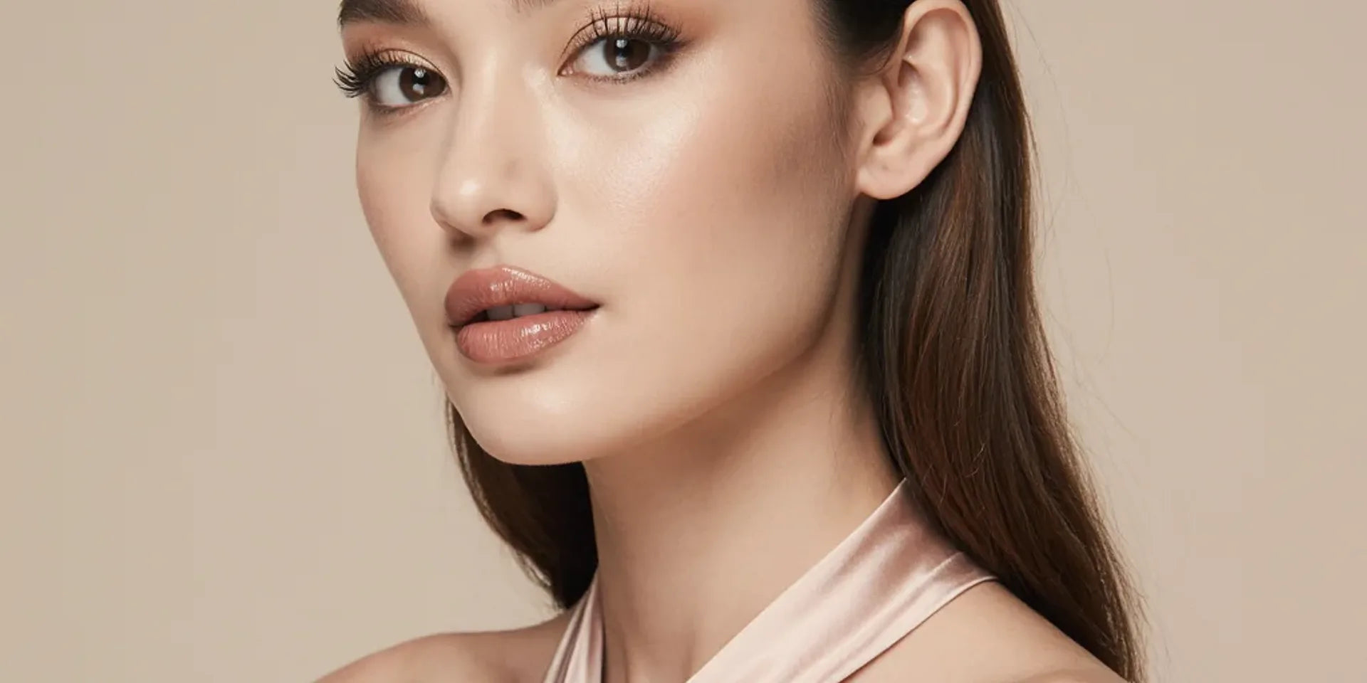 Elegant woman with soft waves wearing natural nude makeup