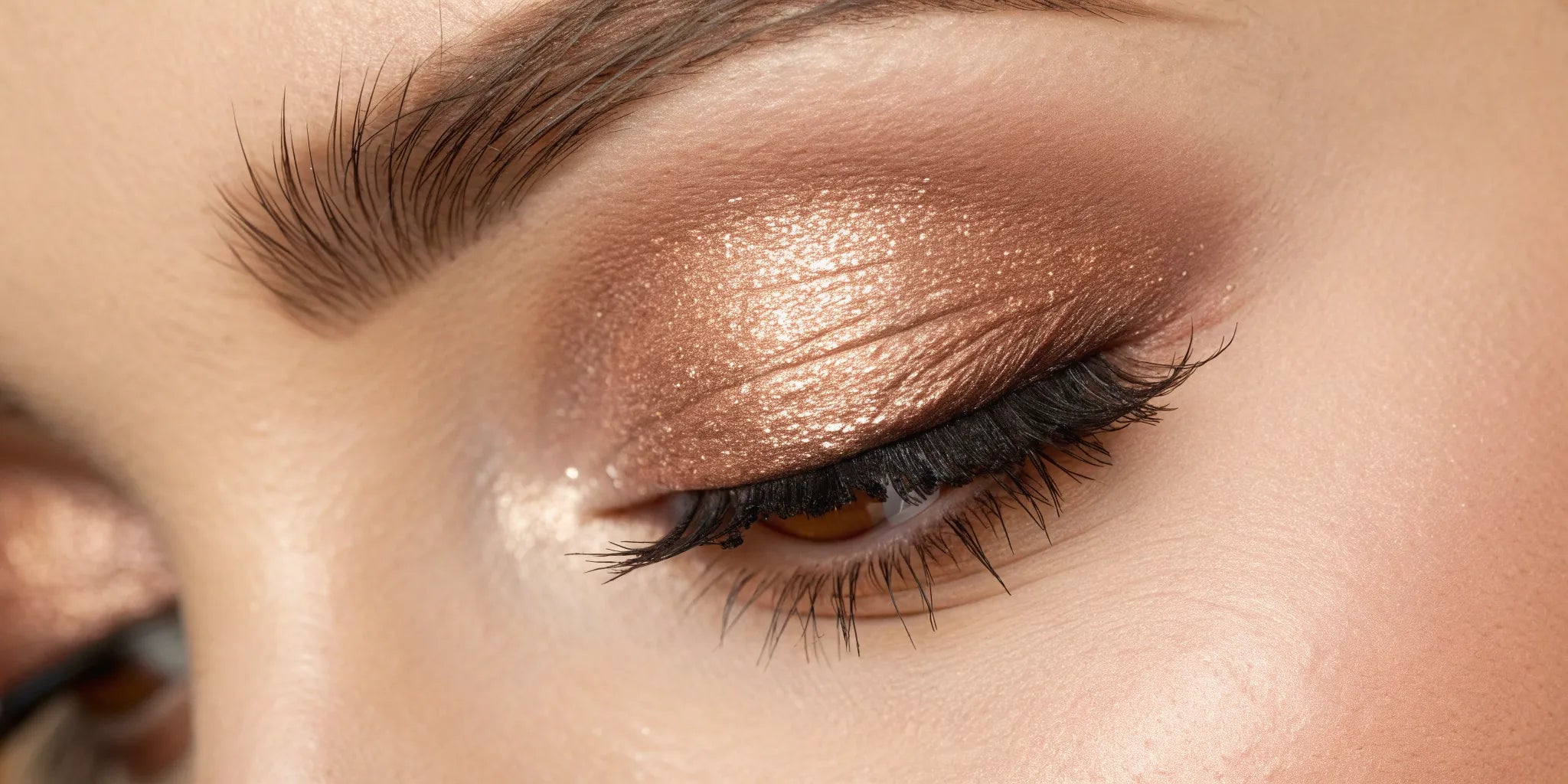 A flawless application of shimmer eyeshadow creating a soft, blended glow on an eyelid.