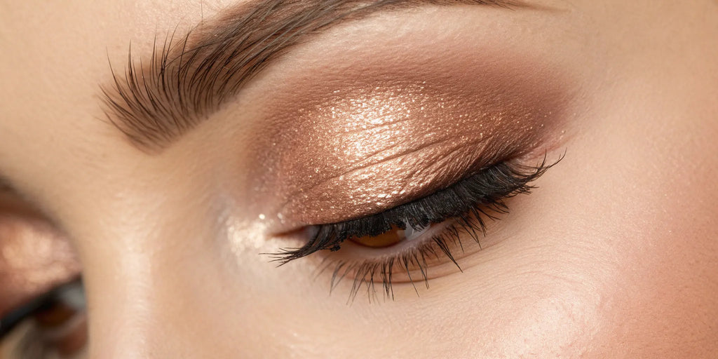 A flawless application of shimmer eyeshadow creating a soft, blended glow on an eyelid.