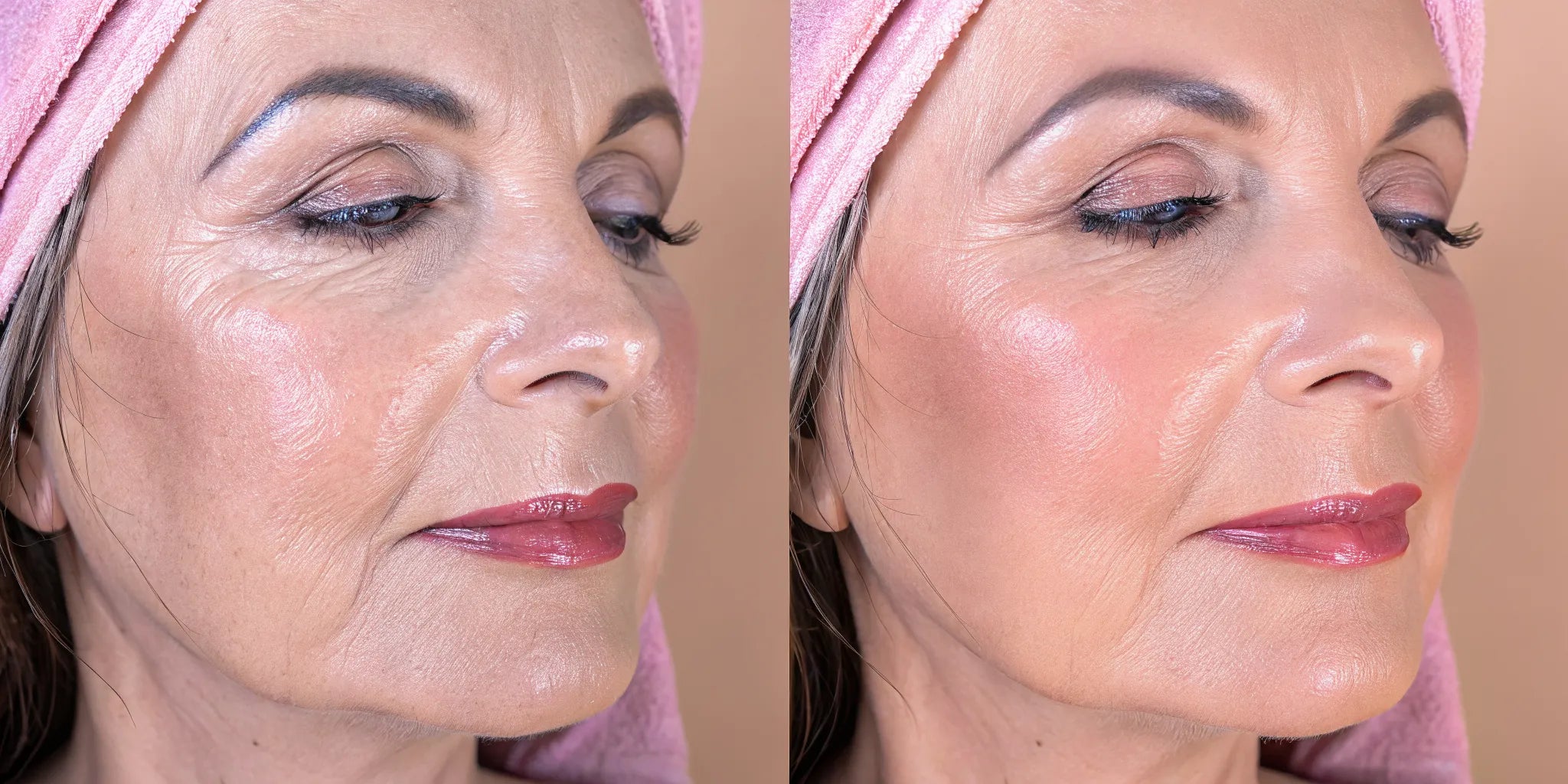 Elegant older woman with radiant, fresh skin wearing natural nude-toned makeup