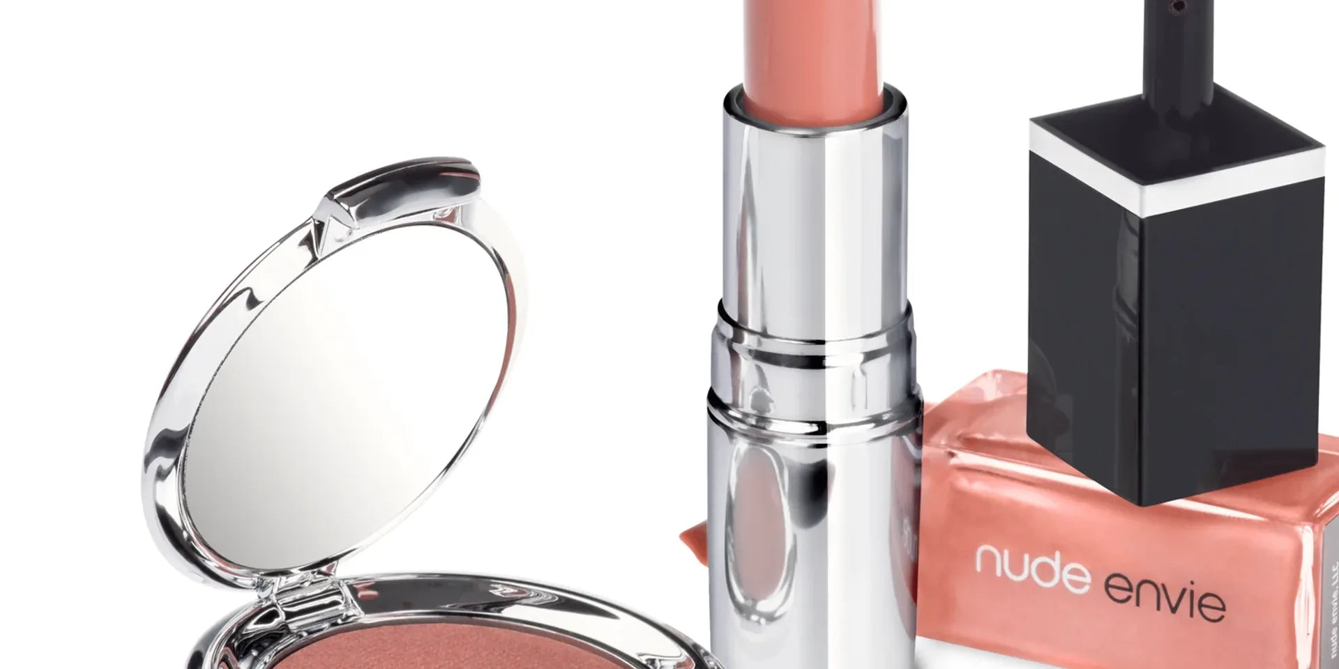 Nude Envie lipstick, lip liner, lip gloss, and eyeshadow collection in coordinated nude shades