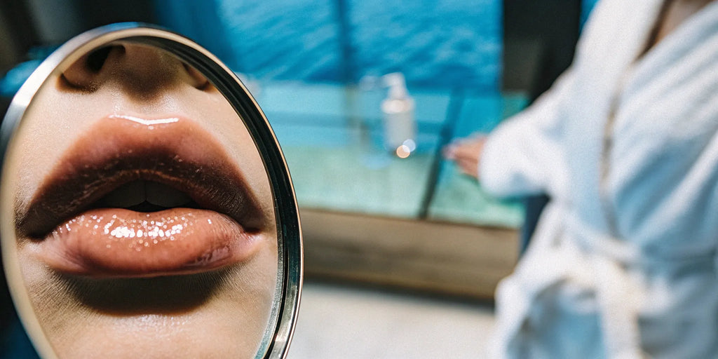 Close-up of lips wearing a smooth, shiny coat of long-lasting, non-sticky lip gloss.