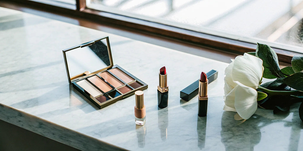 Flattering makeup for mature skin over 50, including an eyeshadow palette and lipsticks.