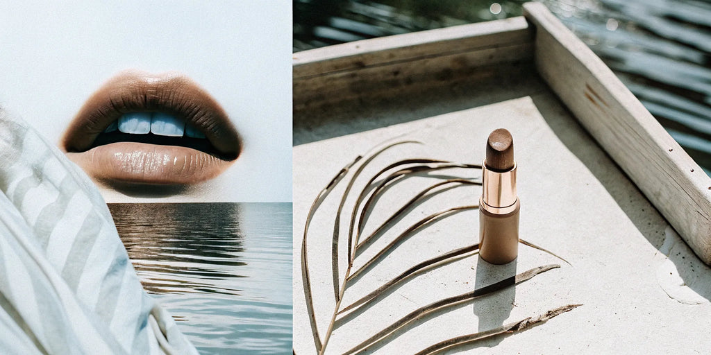 Perfectly lined nude lips with a matching lip liner and lipstick on a tray.