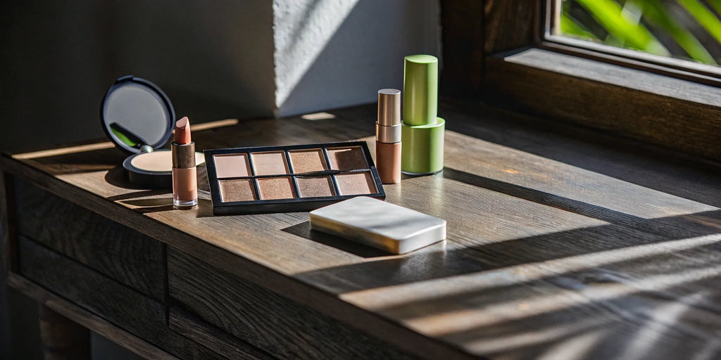 A collection of organic cosmetics like lipstick and powder, available to buy online.